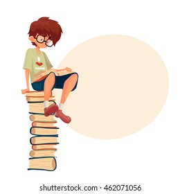 Little brown haired boy in glasses sitting on a pile of books and reading, cartoon style vector illustration isolated on white background. Smart kid, school nerd reading a book. Library,