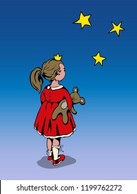 little brown haired girl with a crown on her head and teddy bear in hands, wearing red dress and shoes turns her back and looks at big stars on a blue evening sky - cartoon  flat vector illustration 
