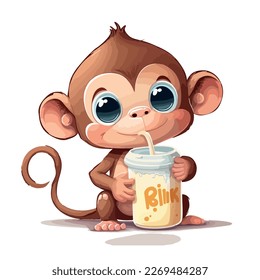 Little brown monkey. Little monkey baby. A friendly little monkey with big blue eyes and big ears. Nice character graphics made in vector graphics. Illustration for a child.