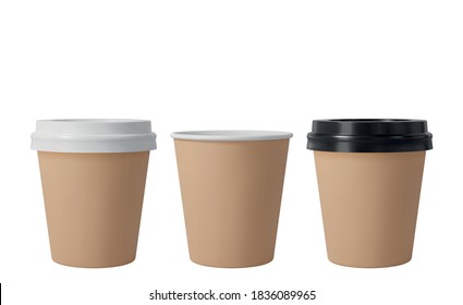 Little brown paper coffee cups with black and white lids. Open and closed small paper cup. Realistic vector mockup