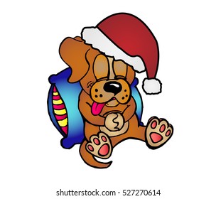 Little brown puppy sleeping with Santa Claus hat