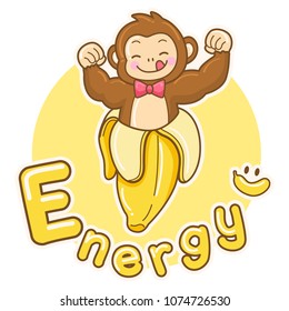 Little brown strong young funny monkey with pink red bow on big yellow banana with Energy text LOGO in yellow circle concept for LOGO design healthy product, stroke flat design vector illustration.