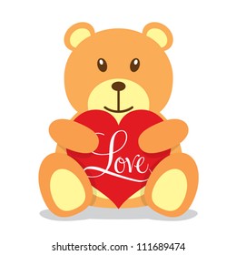 Little brown teddy bear holding a big red heart, lovers concept, vector illustration
