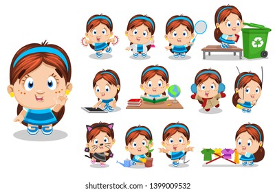 Little brunette girl in blue dress. Kid in different poses and situations: reads, plays, dances, learns. Full length front and three quater view. Ready to use cartoon vector set isolated on white.