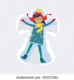 Little brunette girl in red hat, yellow scarf and winter coat makes snow angel on snowy background. Vector illustration of childhood and happiness in simple moments. Winter leisure activity of child.