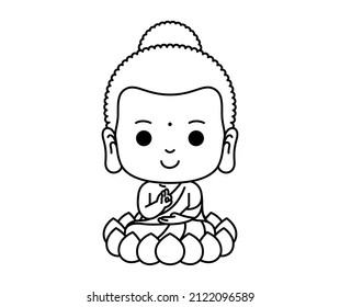 Little Buddha Cartoon Character Meditation On Lotus Flower Outline Vector Illustration