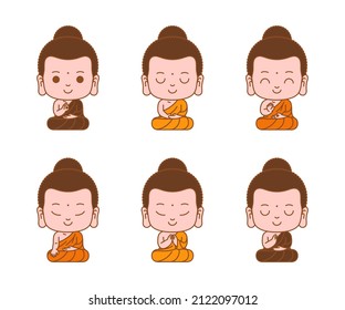 Little buddha cartoon character meditation colored outline vector illustration