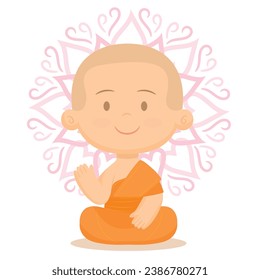 Little buddha cartoon character meditation on lotus flower