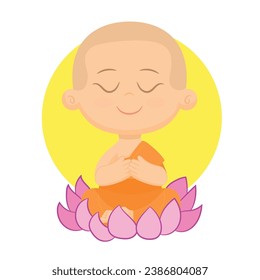 Little buddha cartoon character meditation on lotus flower