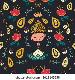 Little Buddha meditates with flowers and leaves