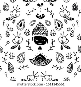 Little Buddha meditates with flowers and leaves