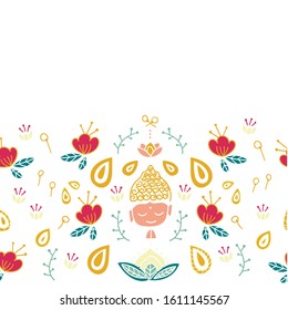 Little Buddha meditates with flowers and leaves