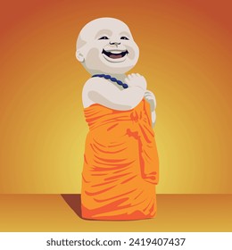 little buddha stand up. Buddhist monk cartoon character statue. 