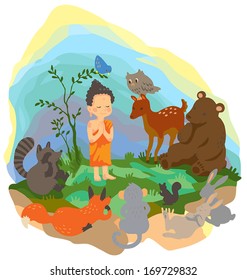 A little Buddhism buddha is preaching truth to wild animals in the wilderness wood scene with kindness and peace in isolated background, create by cartoon vector 