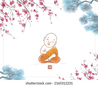 Little buddist monk in orange robe under sakura blooming tree and pine tree branches. Traditional oriental ink painting sumi-e, u-sin, go-hua. Translation of hieroglyph - zen.