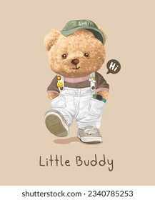 little buddy slogan with cute bear doll in white overall vector illustration