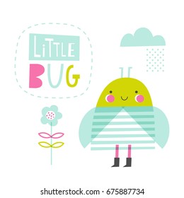 Little bug: doodle vector illustration for kids. Fashion baby print in pink, green and turquoise colors.