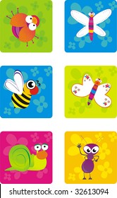 Little bugs illustration in squared colorful backgrounds