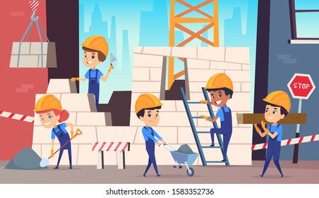 Little builders. Boys funny making professional job construction helmet vector background