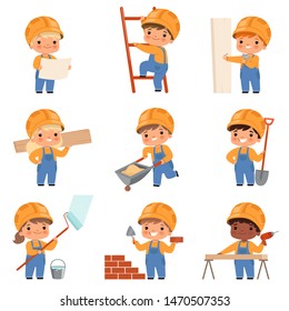 Little builders. Childrens with construction tools making job working builders in yellow helmet vector characters. Little builder making jo with tools illustration