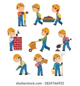 Little Builders with Professional Tools Set, Boy Construction Workers Characters Wearing Blue Overalls and Hard Hat in Action Cartoon Style Vector Illustration
