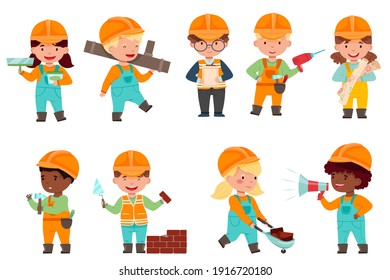 Little Builders Wearing Hard Hat with Construction Tools Executing Work Vector Set