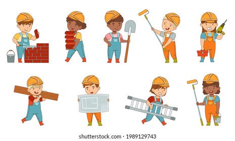 Little Builders Wearing Hard Hat and Overall Performing Work on Construction Site Vector Set