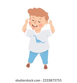 Little bully boy grimacing and teasing. Kid showing tongue and gesturing cartoon vector illustration