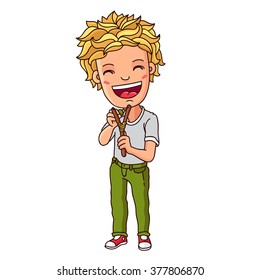 Little bully. Boy with a slingshot. Vector illustration on white background.