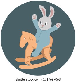 Little bunny baby boy riding wooden rocking horse, cute little rabbit vector illustration.