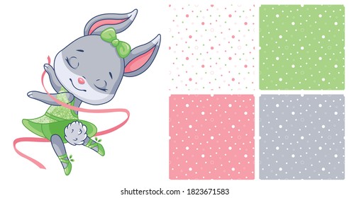 Little bunny ballerina on white background and 4 seamless patterns