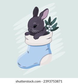 Little bunny in a blue Christmas stocking. Vector illustration with a Christmas theme.