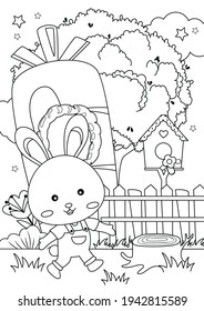 Little Bunny in the carrot house coloring page for kids