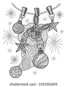 Little bunny in christmas a hat.
Zentangle stylized cartoon isolated on white background. 
Hand drawn sketch illustration for adult coloring book. 
