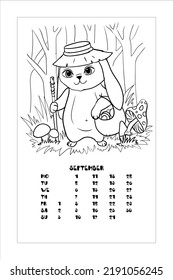 Little bunny collects mushrooms. Camping in the woods. Coloring book for children. Vector illustration isolated on white background. Calendar, September 2023.