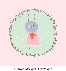   Little bunny. Cute rabbit. Cute bunny girl with butterfly and carrot vector illustration. 