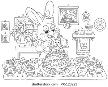 Little Bunny Decorating A Fancy Cake To Easter, A Black And White Vector Illustration In Funny Cartoon Style For A Coloring Book