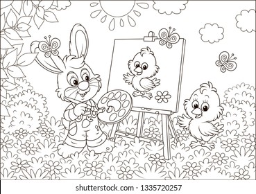 Little bunny drawing a small chick on a lawn among flowers on a sunny spring day, black and white vector illustration in a cartoon style for a coloring book