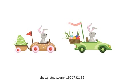 Little Bunny Driving Vehicle Carrying olored Easter Eggs Vector Set