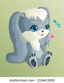 A little Bunny with a flower and a blue dragonfly