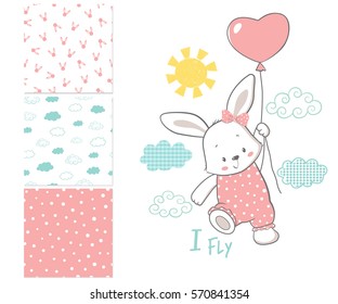 Little Bunny is flying in a balloon. Surface design and 3 seamless patterns. Cartoon vector illustration