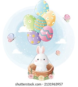 Little Bunny Flying with Easter Balloons