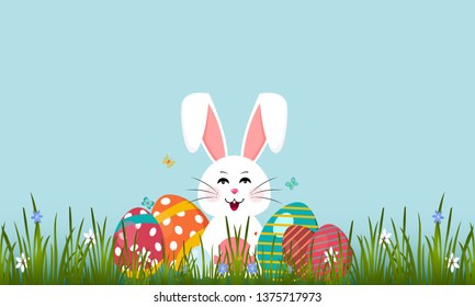 Little Bunny In Green Grass With Decorated Eggs - Easter Card