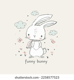 Little bunny. Hand drawn cartoon vector illustration for kids. Cute rabbit. Perfect for baby t-shirt print, kids wear, 