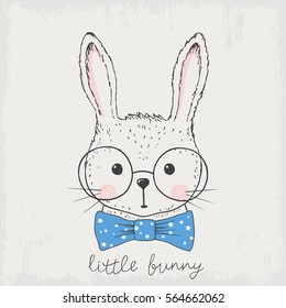 Little bunny. Hand drawn portrait cute rabbit with glasses