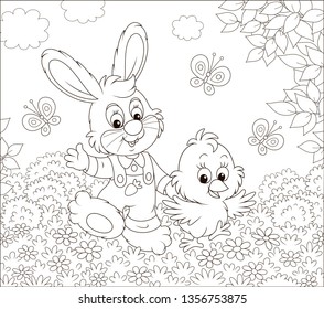 Little bunny and his friend a small chick walking and waving in greeting among butterflies and flowers on a sunny spring day, black and white vector illustration in a cartoon style