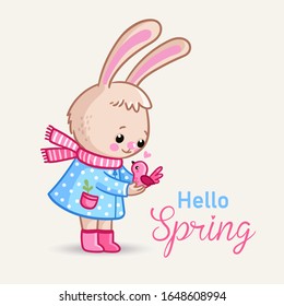 Little bunny holds a pink bird in her hands. Spring card with text and cute animal.