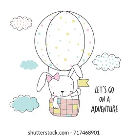 Little bunny in a hot air balloon. Cartoon vector illustration for kids. T-shirt graphic for kid's clothing. Use for print, surface design, fashion wear