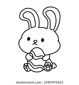 Little bunny hugs Easter egg doodle outline on white background