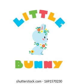 Little Bunny. Illustration of a cute bunny with a flower wreath drawn in cartoon style. Vector 8 EPS.